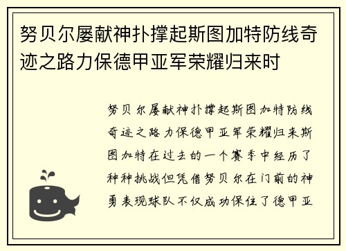 努贝尔屡献神扑撑起斯图加特防线奇迹之路力保德甲亚军荣耀归来时 努贝尔屡献神扑撑起斯图加特防线奇迹之路力保德甲亚军荣耀归来时